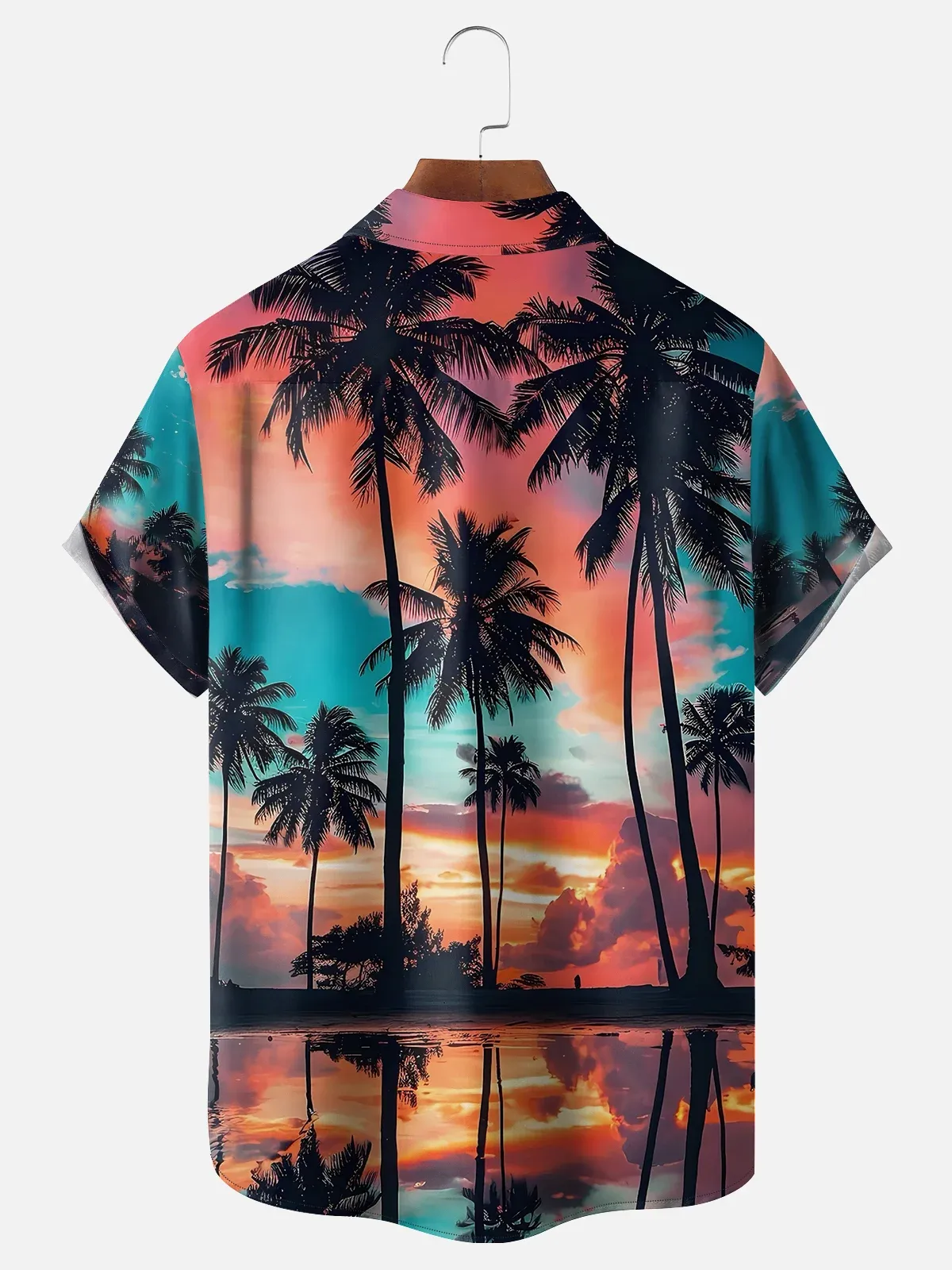 Tall Size Moisture-wicking Beach Sunset Coconut Tree Chest Pocket Hawaiian Shirt
