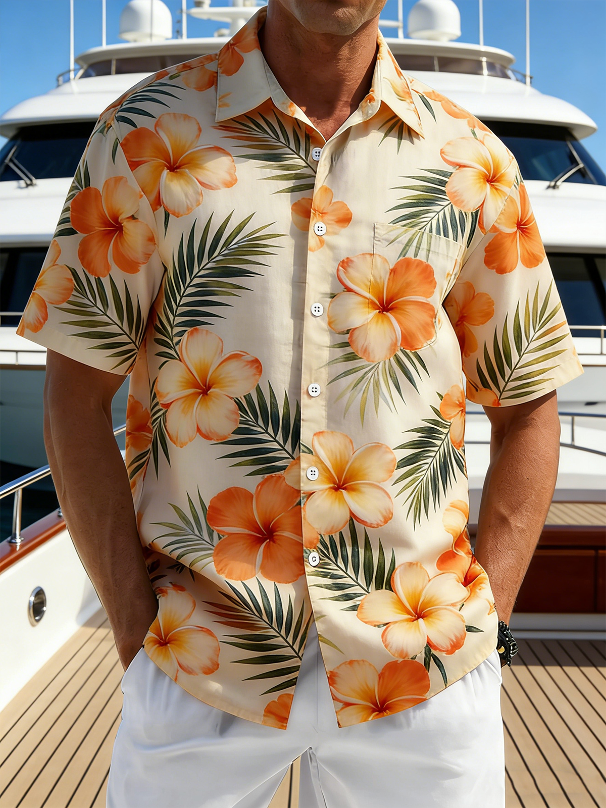 Linen-Texture Botanical Floral Chest Pocket Holiday Hawaiian Shirt