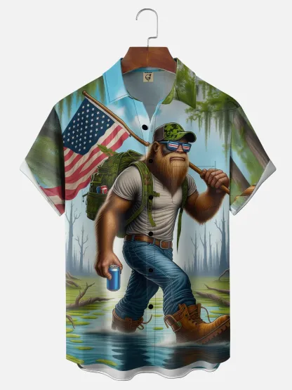 Moisture-Wicking U.S. Independence Commemorative Edition Beer Bigfoot Chest Pocket Festive Hawaiian Shirt