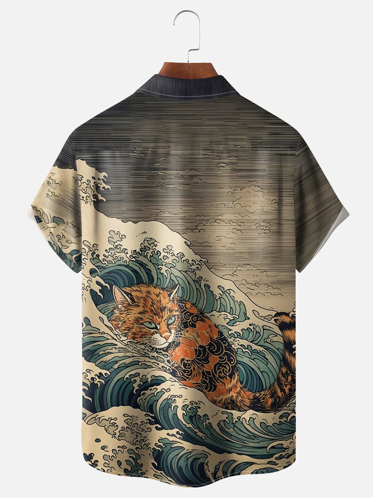 Moisture Wicking Ukiyo-e Surf Cat Chest Pocket Hawaiian Shirt