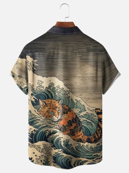 Moisture Wicking Ukiyo-e Surf Cat Chest Pocket Hawaiian Shirt