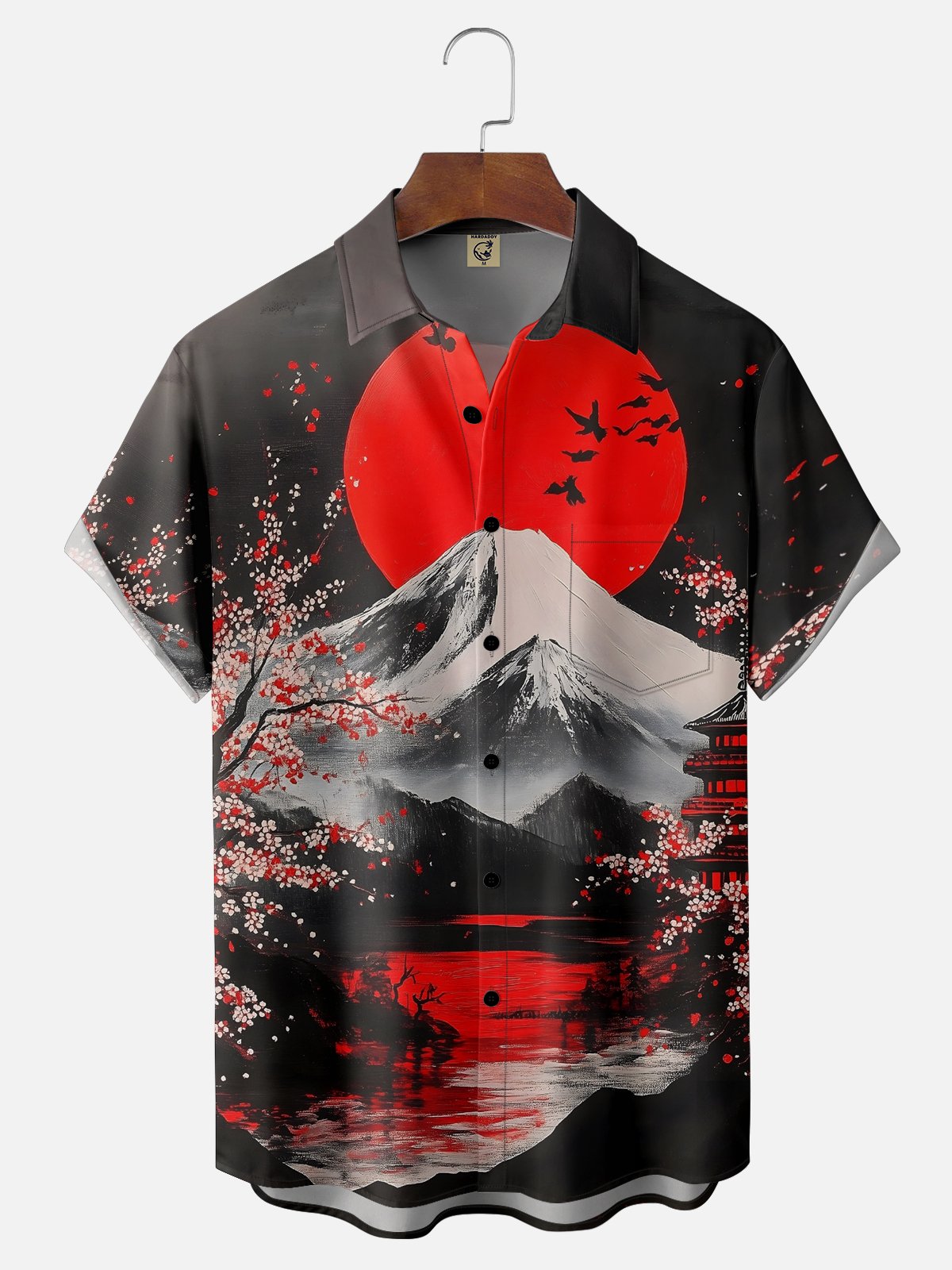 Moisture Wicking Ukiyo-e Sakura Mount Fuji Chest Pocket Hawaiian Shirt