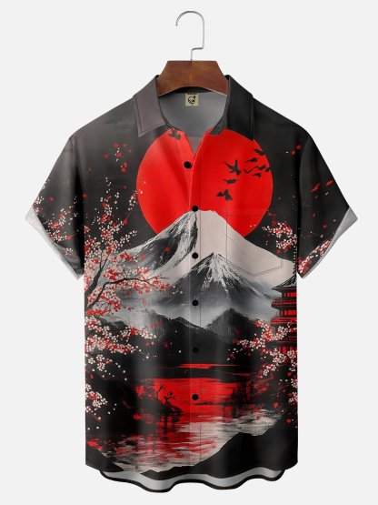 Moisture Wicking Ukiyo-e Sakura Mount Fuji Chest Pocket Hawaiian Shirt