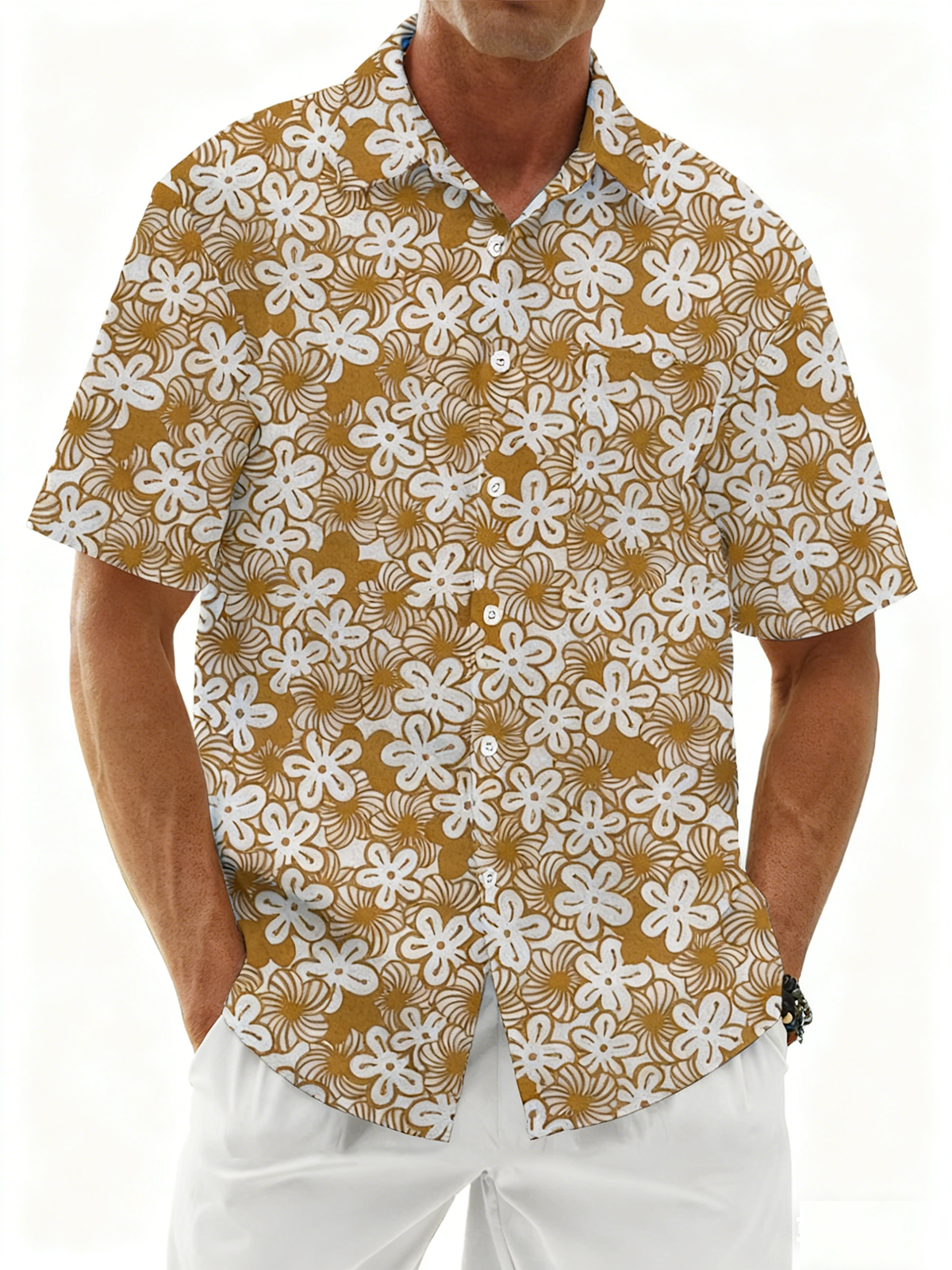 Linen Texture Plants Flowers Cherry Blossoms Chest Pocket Holiday Hawaiian Shirt