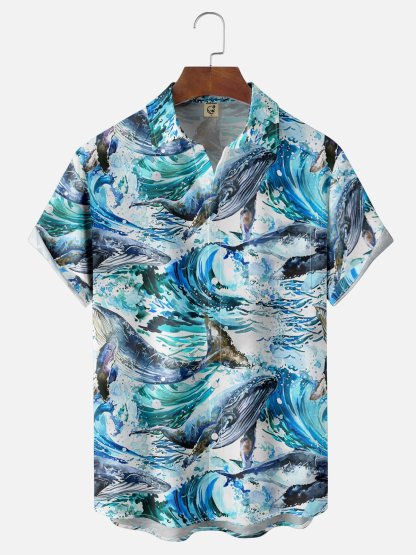 Moisture-wicking Whale Wave Ocean Chest Pocket Hawaiian Shirt