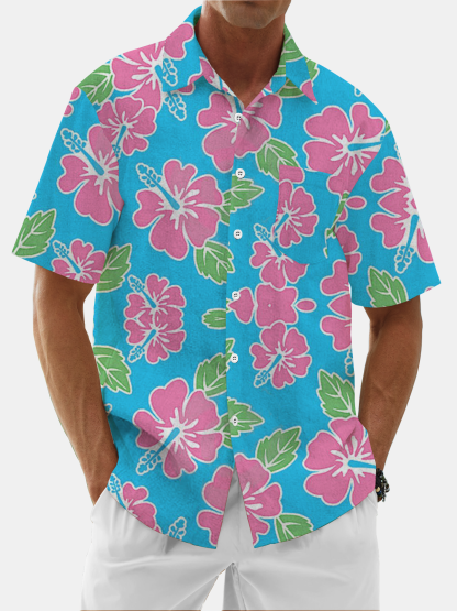 Moisture Wicking Plants Floral Chest Pocket Hawaiian Shirt