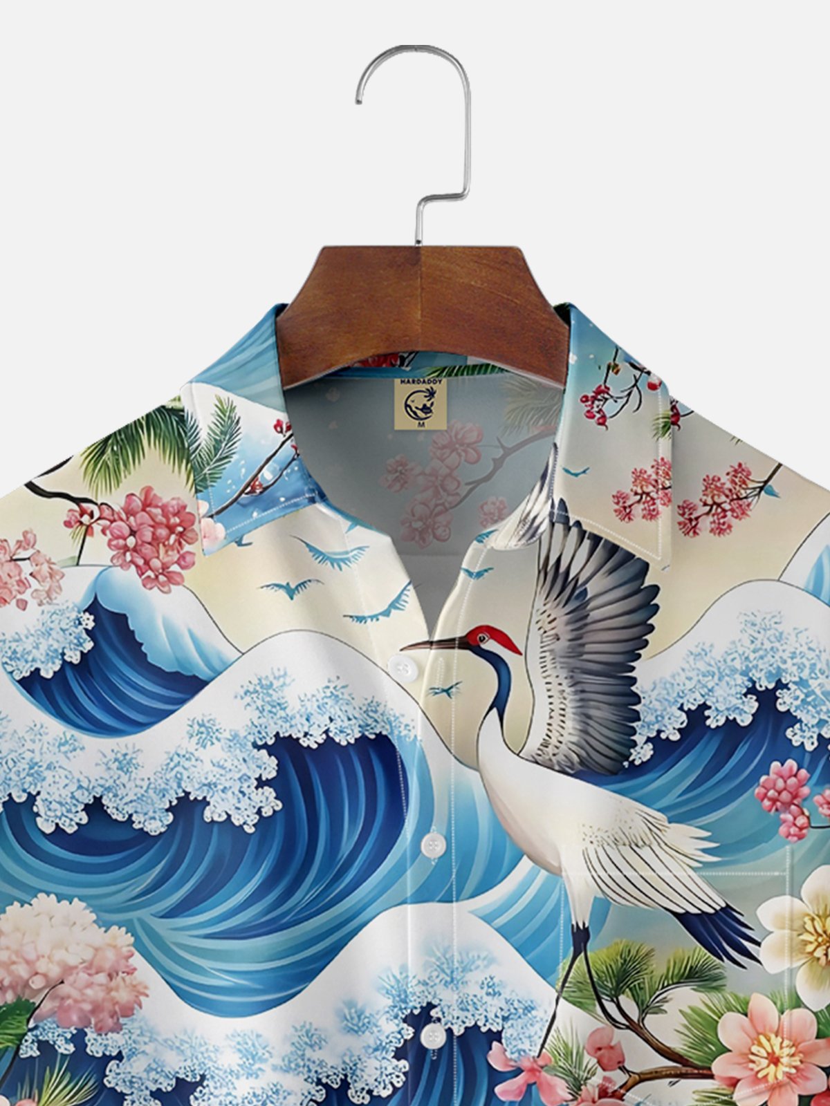 Moisture Wicking Botanical Ukiyo-e Crane Chest Pocket Hawaiian Shirt
