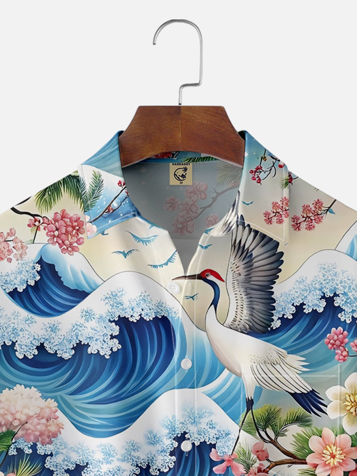 Moisture Wicking Botanical Ukiyo-e Crane Chest Pocket Hawaiian Shirt