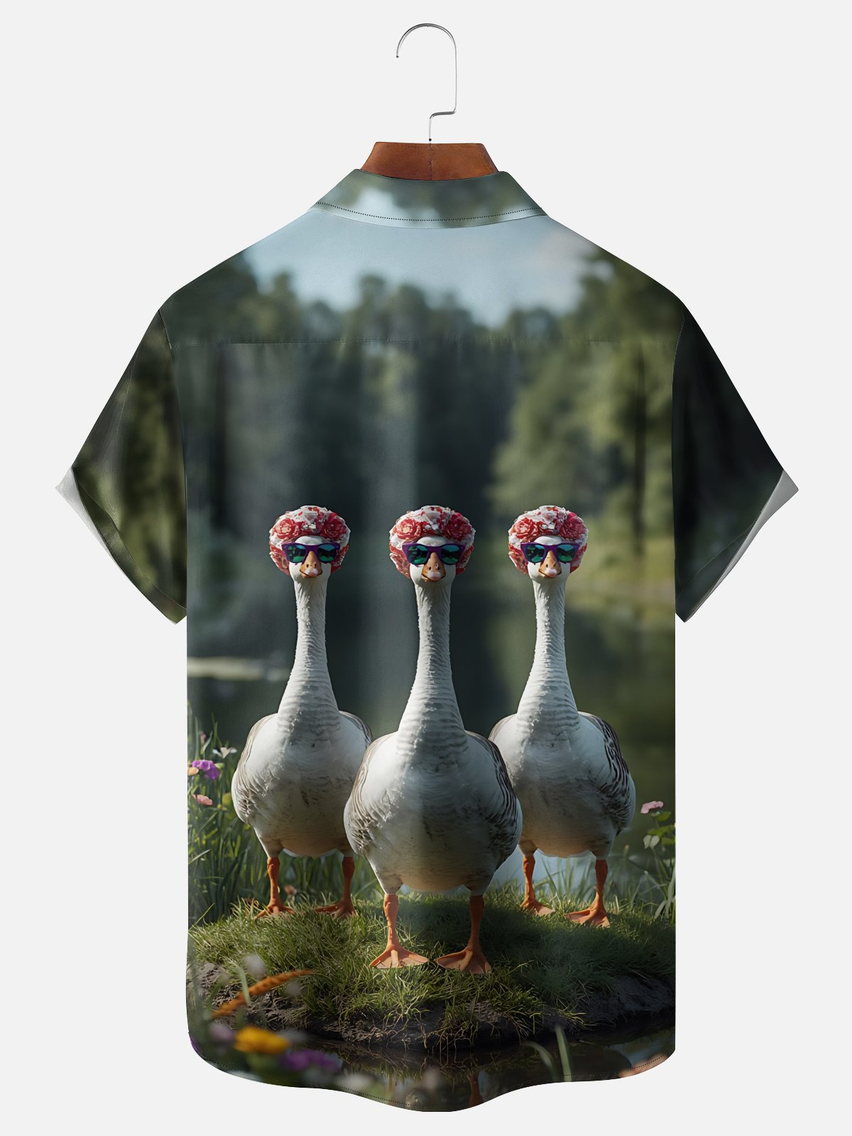 Moisture-Wicking  Fun Goose Chest Pocket Holiday Hawaiian Shirt