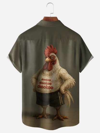 Moisture Wicking Fun Chicken Chest Pocket Hawaiian Shirt