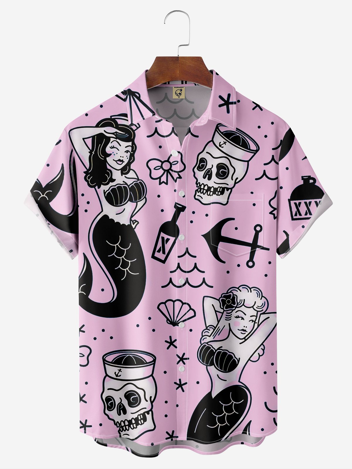 Moisture-wicking Mermaid Tattoo Chest Pocket Hawaiian Shirt