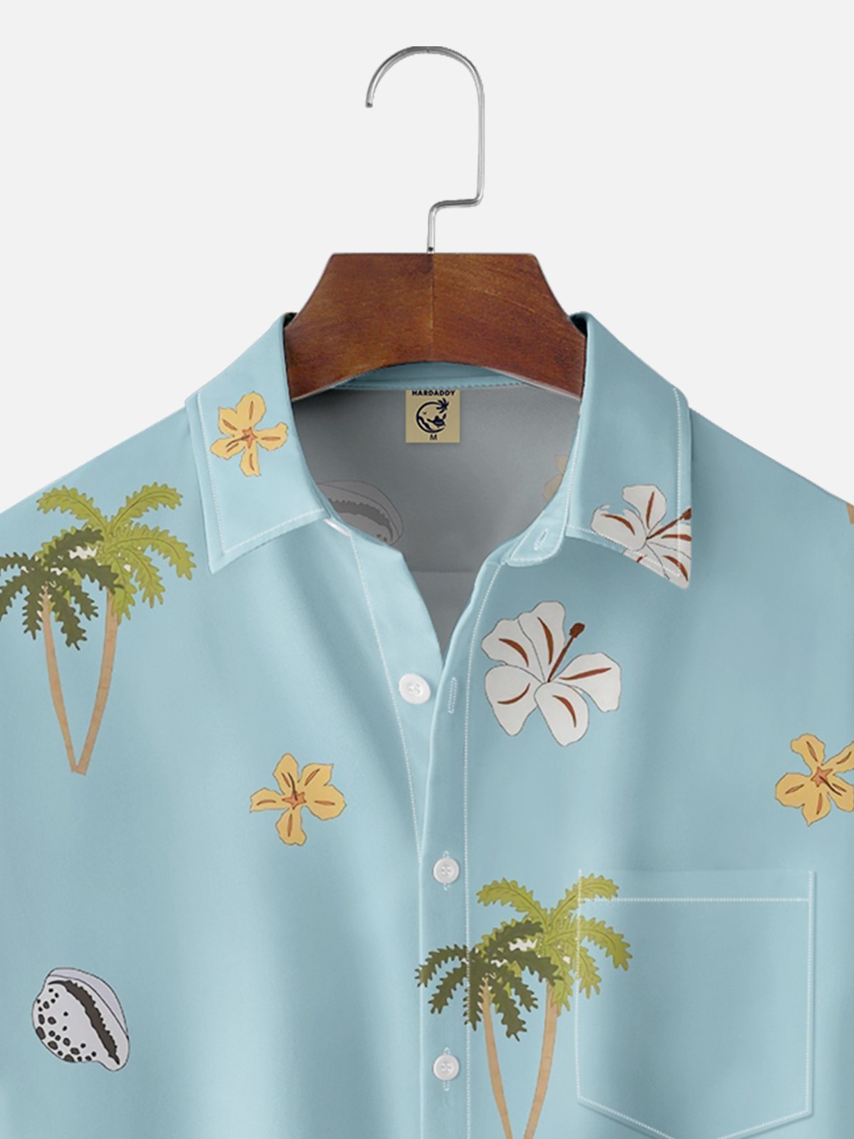 Moisture-wicking Palm Tree Floral Shell Chest Pocket Hawaiian Shirt