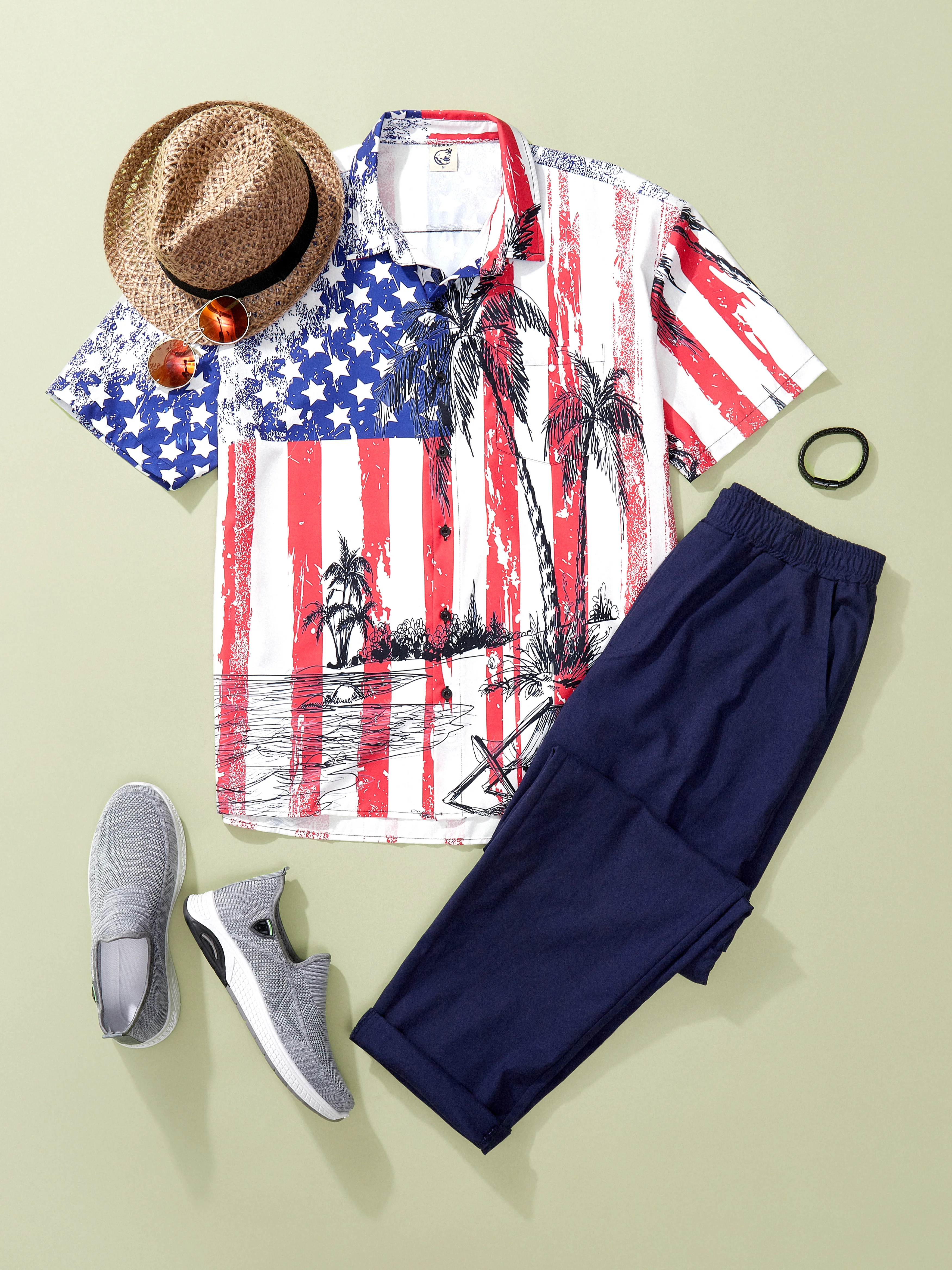 Patriotic Hawaiian Shirts Flag Coconut Tree Chest Pocket Short Sleeve Casual Shirt