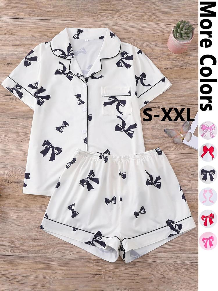 Two-Piece Set Women's Bow Print Short Sleeve Tee & Elastic Waist Shorts Pyjama, Casual Comfy Round Neck T-shirt & Shorts PJ Set, Ladies Summer Sleepwear Pajama Set