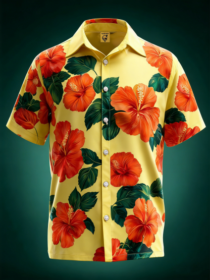 Moisture-wicking Tropical Hibiscus Floral Chest Pocket Hawaiian Shirt