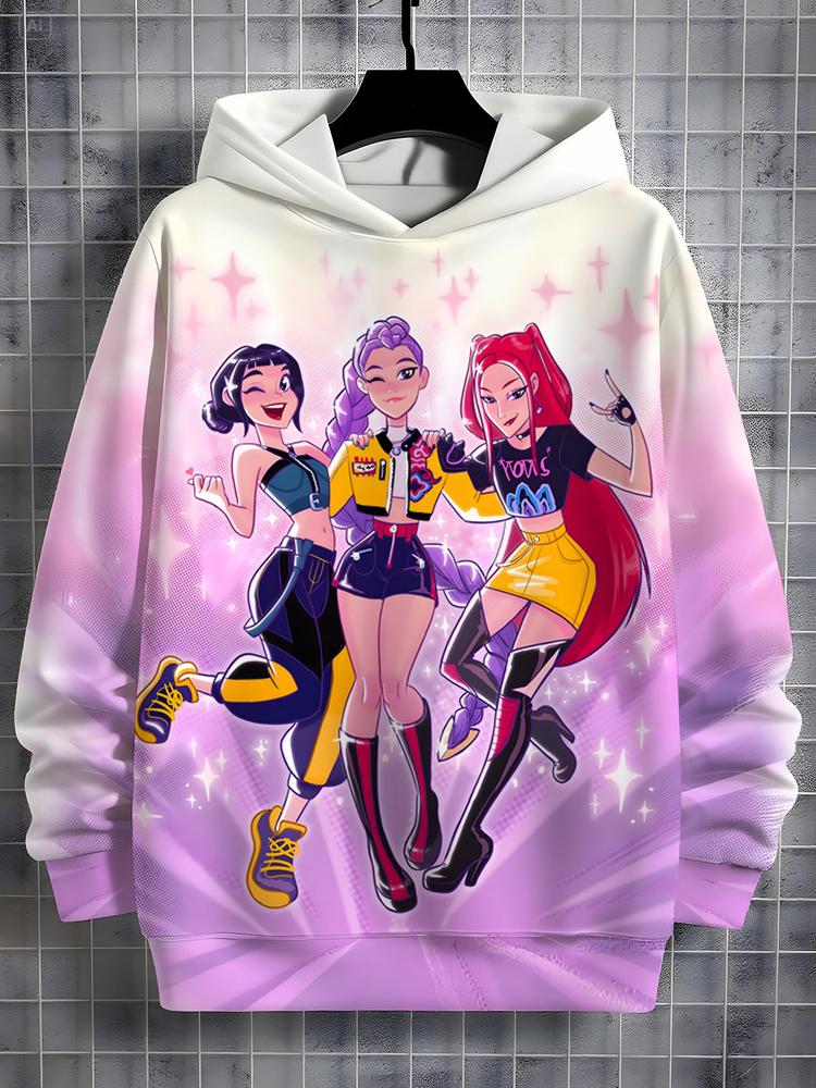 Girls Kpop Demon Hunters Hooded Sporty Sweatshirt, Casual Fall Winter Wear, Fitted Starlight Character Print, Durable Outdoor Activity