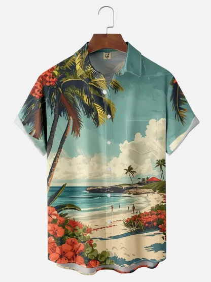 Moisture-wicking Summer Ocean Coconut Tree Art Chest Pocket Hawaiian Shirt