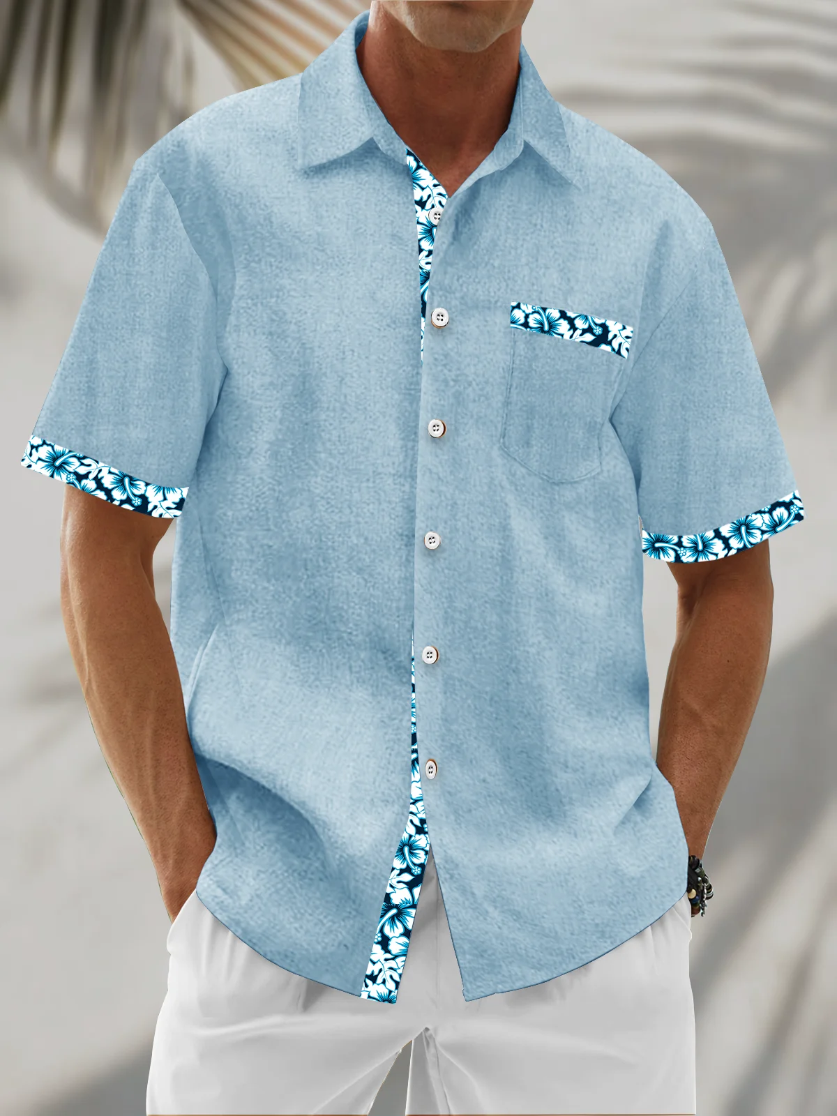 Moisture Wicking Solid Color With Floral Patchwork Chest Pocket Holiday Hawaiian Shirt