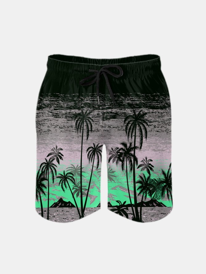 Men's Swim Trunks Hawaiian Tropical Palm Tree Beach Shorts with Pockets