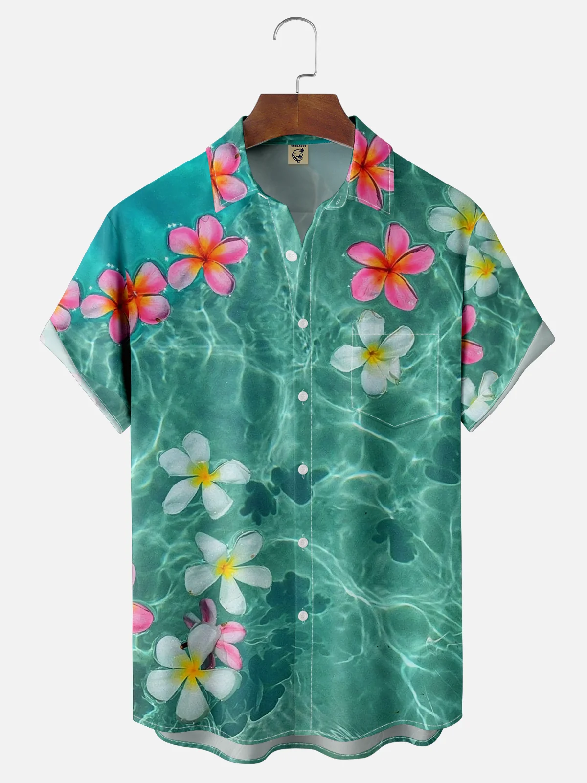 Moisture-wicking Art Ocean Flowers Chest Pocket Hawaiian Shirt