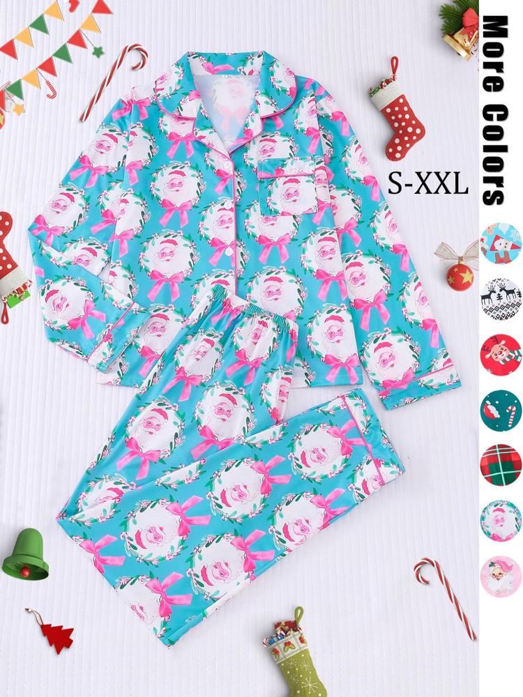 【Christmas】Women's Winter Sleepwear Set, Gingerbread Man Reindeer Poinsettia Print, Long Sleeve Top & Elastic Pants, Festive Party Pajama Set