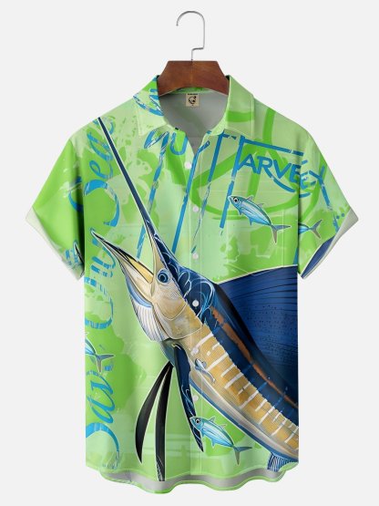 Moisture-wicking Swordfish Ocean Chest Pocket Hawaiian Shirt