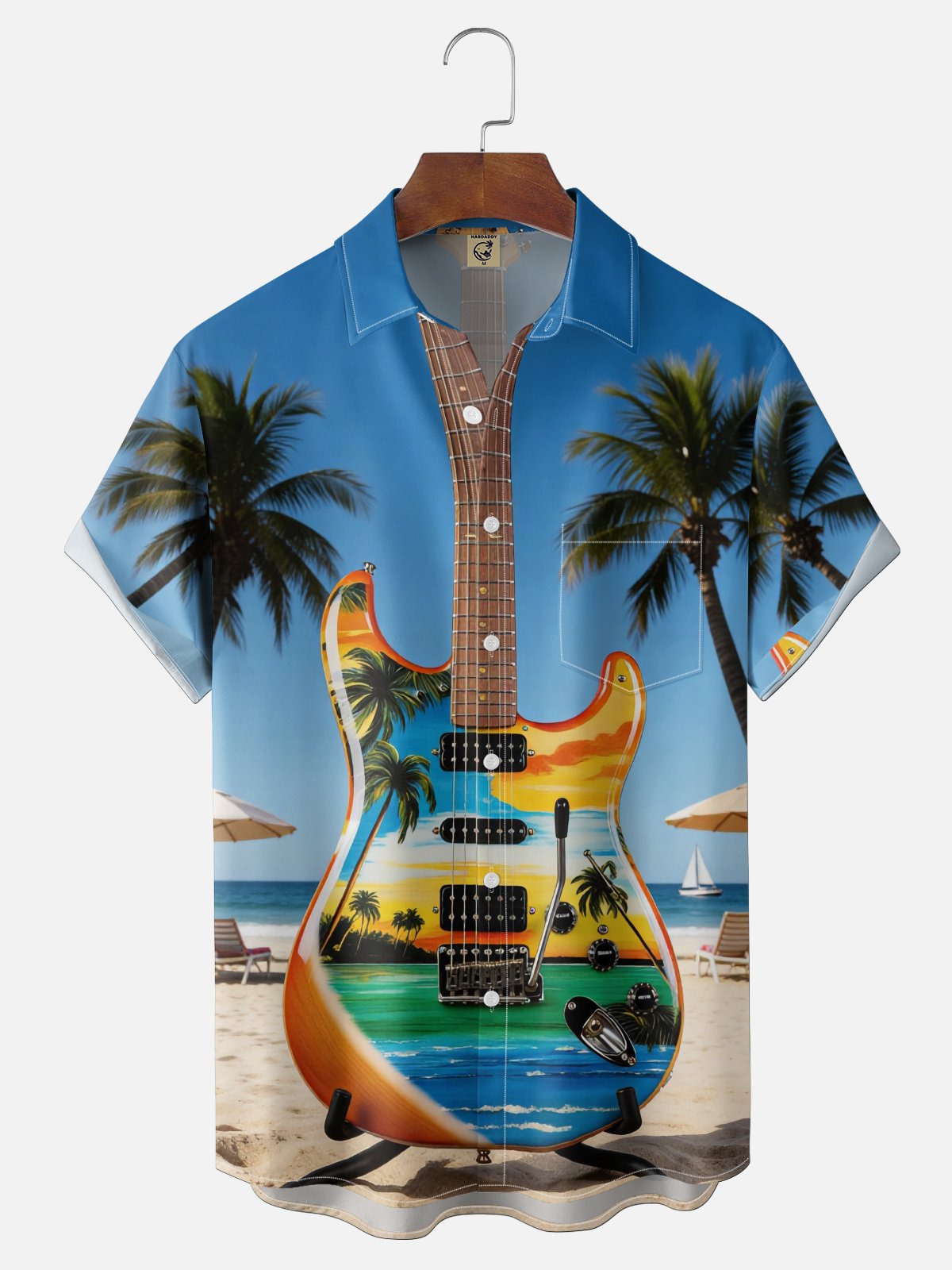 Moisture-wicking Guitar Coconut Tree Beach Chest Pocket Hawaiian Shirt