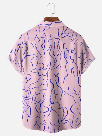Moisture-wicking Art Blue Abstract Line Drawing Chest Pocket Hawaiian Titty Shirt