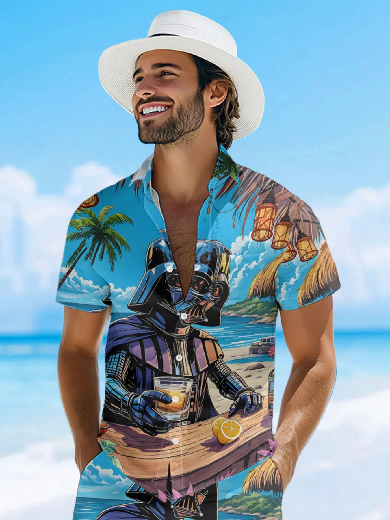 Moisture-wicking Star Beach Coconut Tree Chest Pocket Hawaiian Shirt