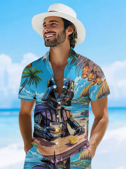Moisture-wicking Star Beach Coconut Tree Chest Pocket Hawaiian Shirt