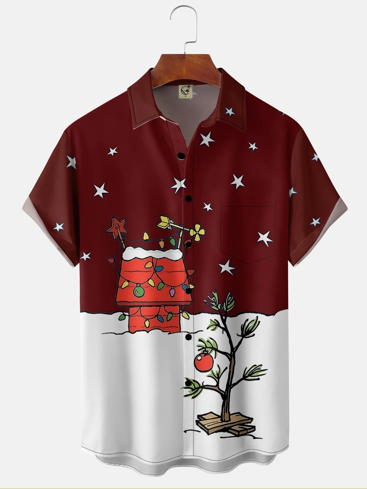 Moisture-wicking Charlie's Christmas Tree And Doghouse Chest Pocket Hawaiian Shirt