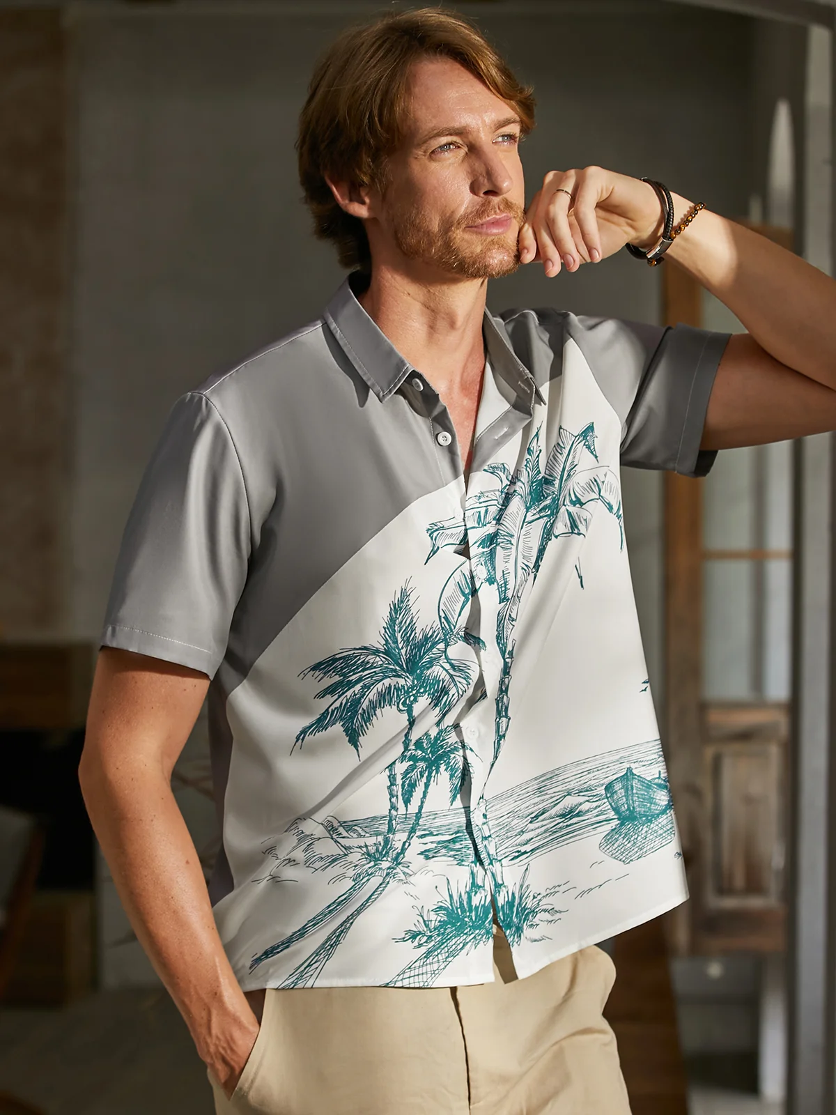 Mens Coconut Print Lapel Loose Short Sleeve Trendy Hawaiian Shirt