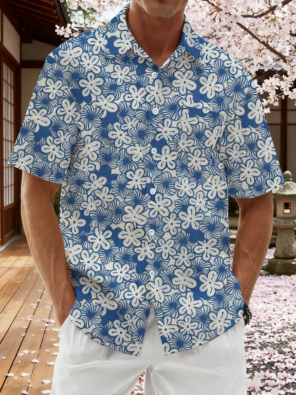 Linen Texture Plants Flowers Cherry Blossoms Chest Pocket Holiday Hawaiian Shirt