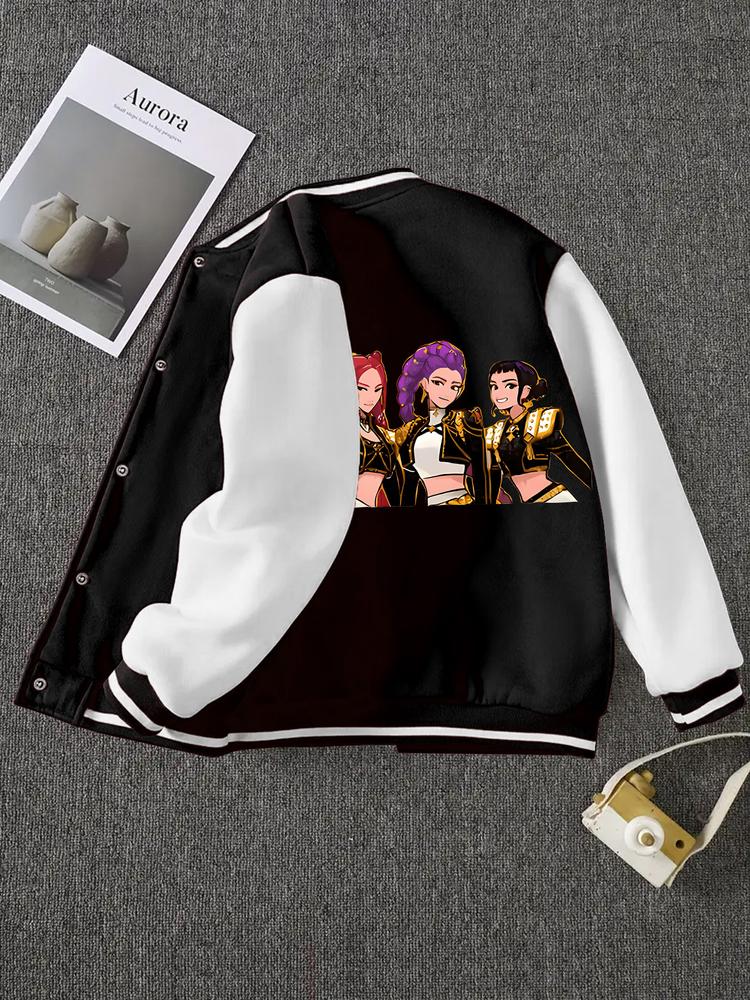 Girls' Spring & Fall Fashion Jacket, Cute Cartoon Kpop Print Baseball Coat, Fitted Moderate Fabric Casual Style Outerwear