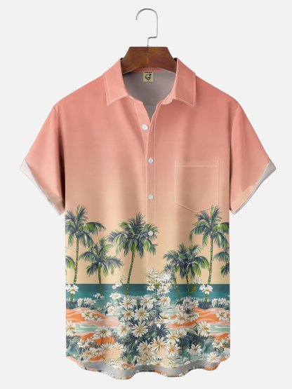 Moisture-wicking Palm Tree Chest Pocket Hawaiian Shirt