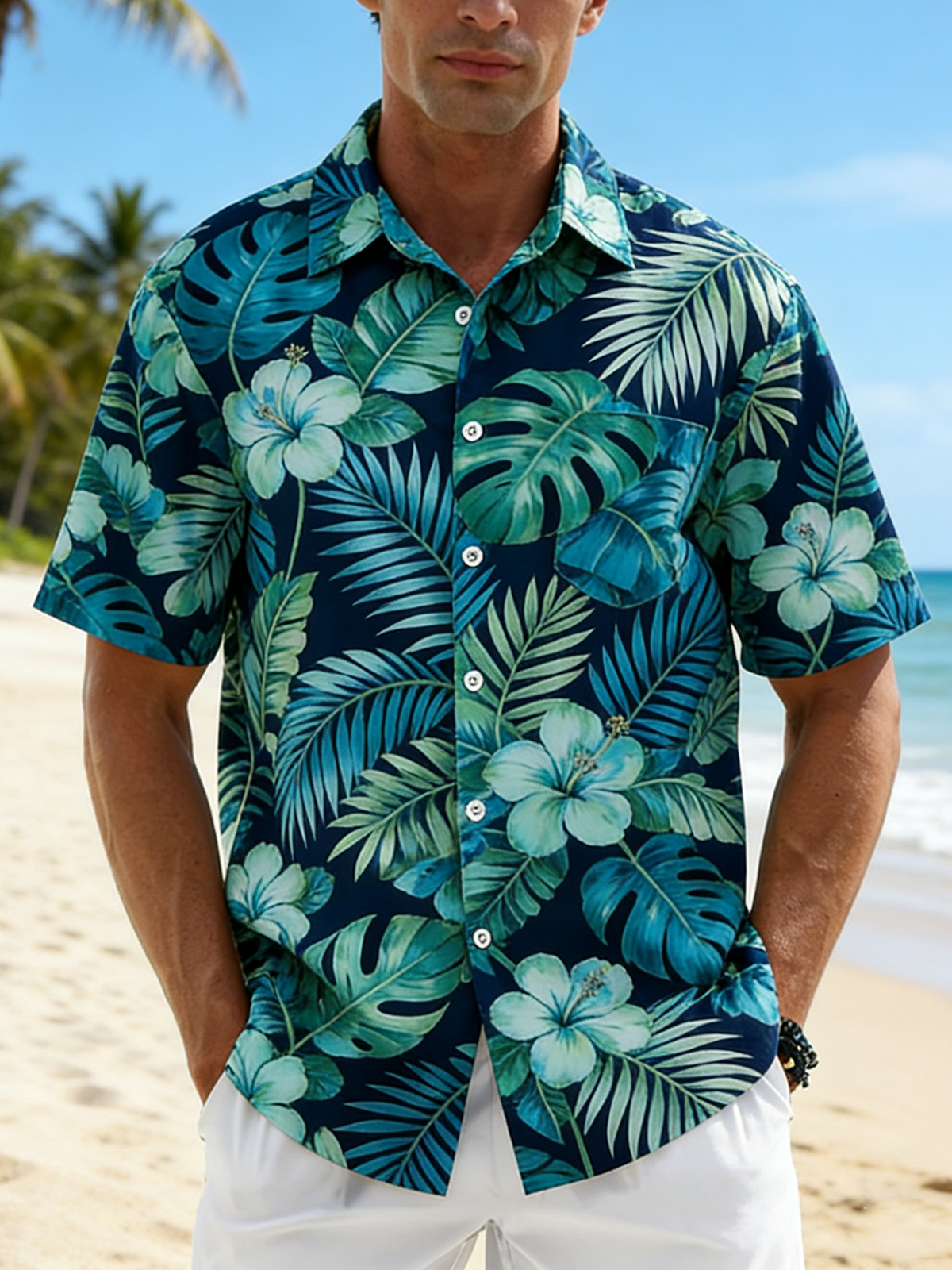 Moisture Wicking Floral Chest Pocke Holiday Hawaiian Shirt