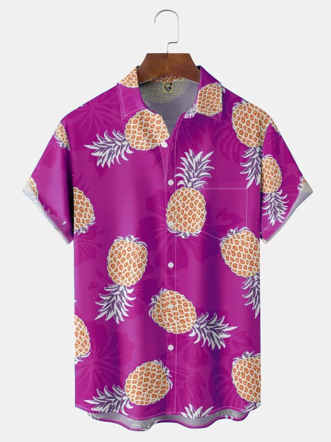 Fruit Pineapple Chest Pocket Short Sleeve Hawaiian Shirt