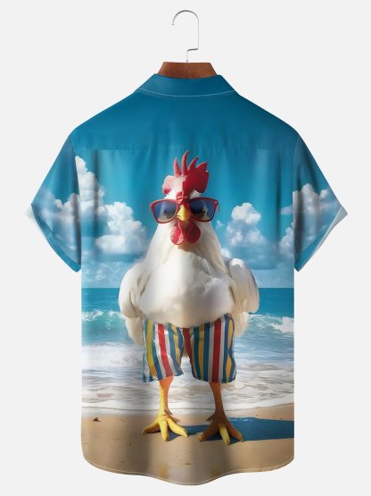 Moisture-wicking Chickens on Vacation Beach Chest Pocket Hawaiian Shirt