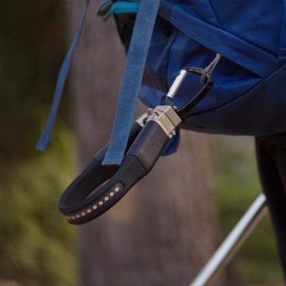 JordiLight used with carabiner clip hanging from backpack