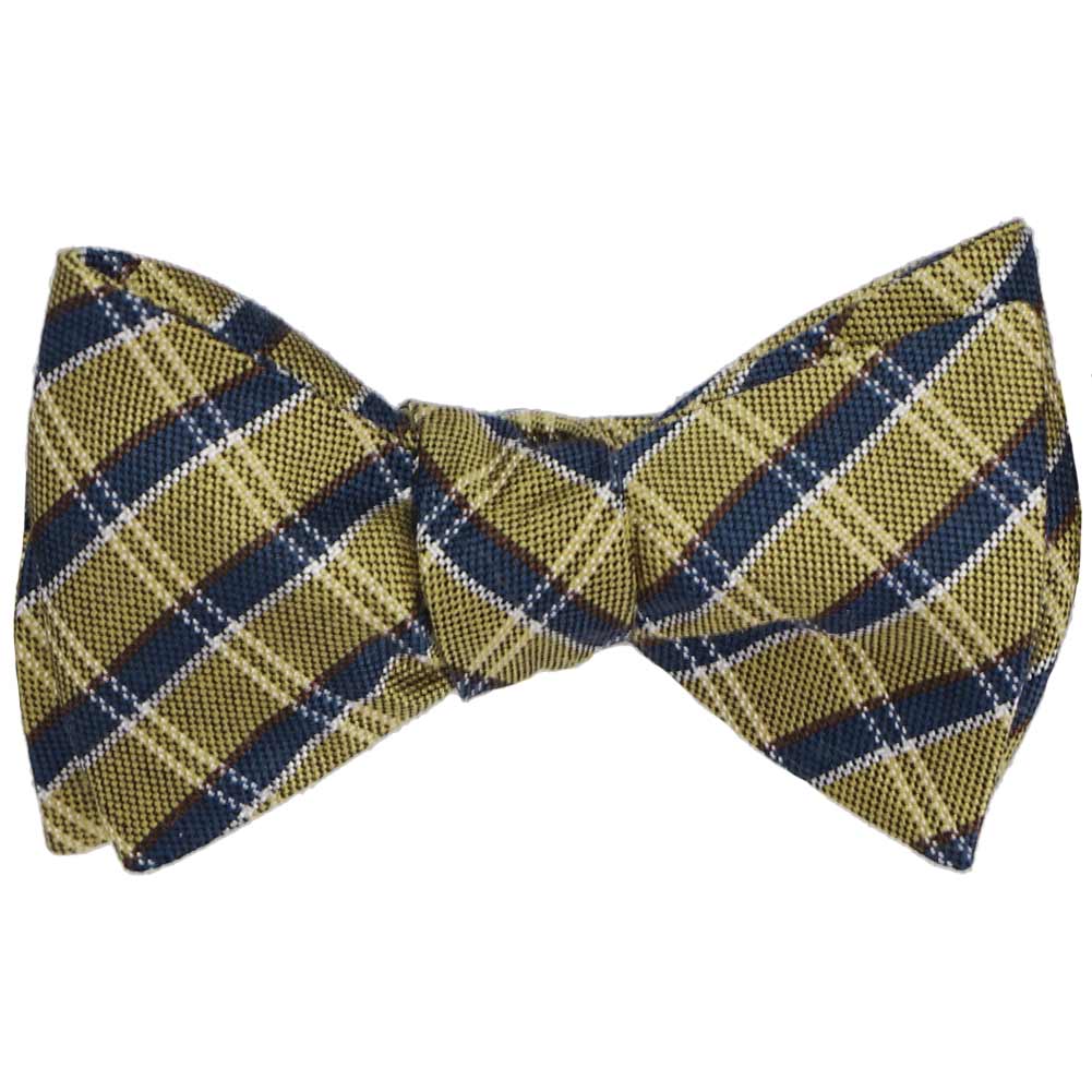Natbeck Engineer plaid wool silk self-tie bow tie gold and navy blue