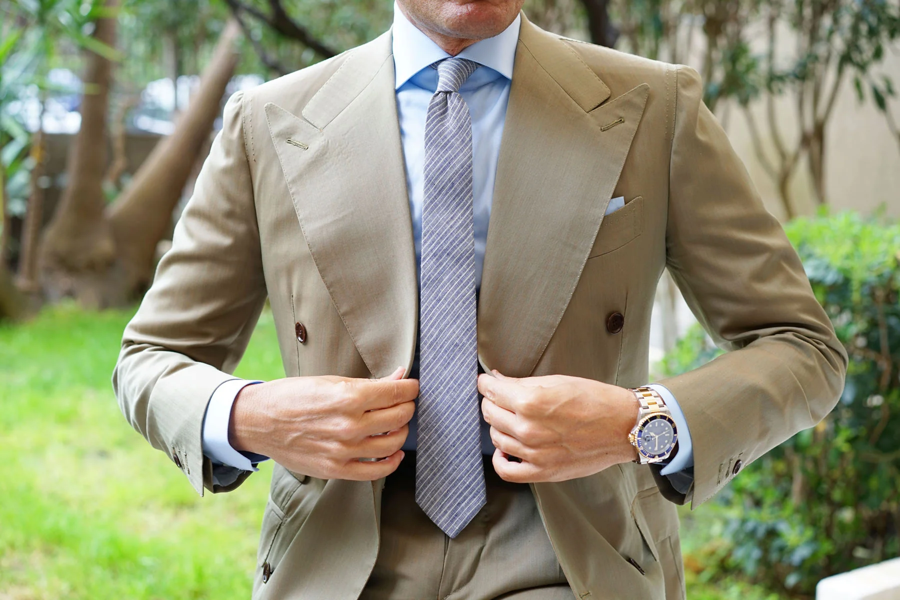 Natbeck Blue Dry Cold Linen Pinstripe Skinny Tie Elegant Cotton-Linen Necktie with Pinstripe Pattern