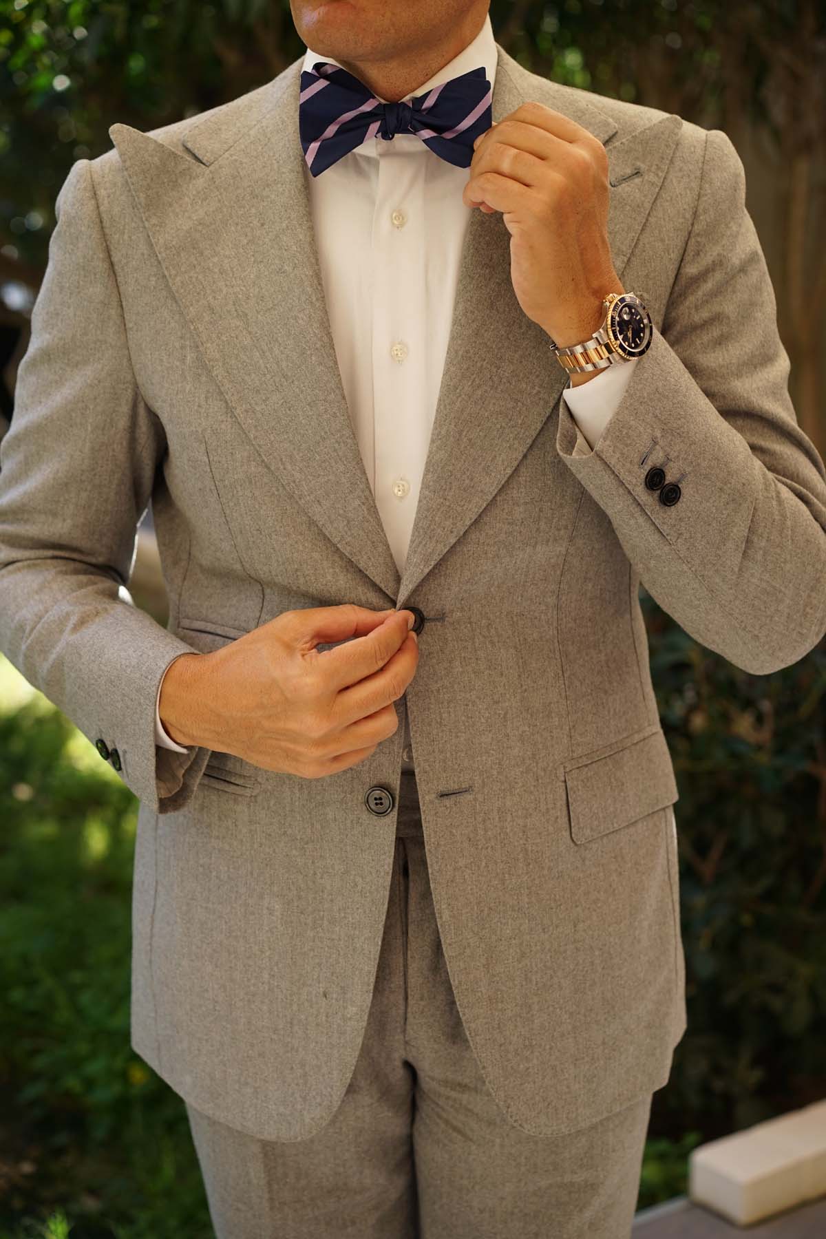 Natbeck Navy Blue Self Tie Bow Tie with Lavender Purple Stripes Elegant Cotton Bow Tie for Office or Party