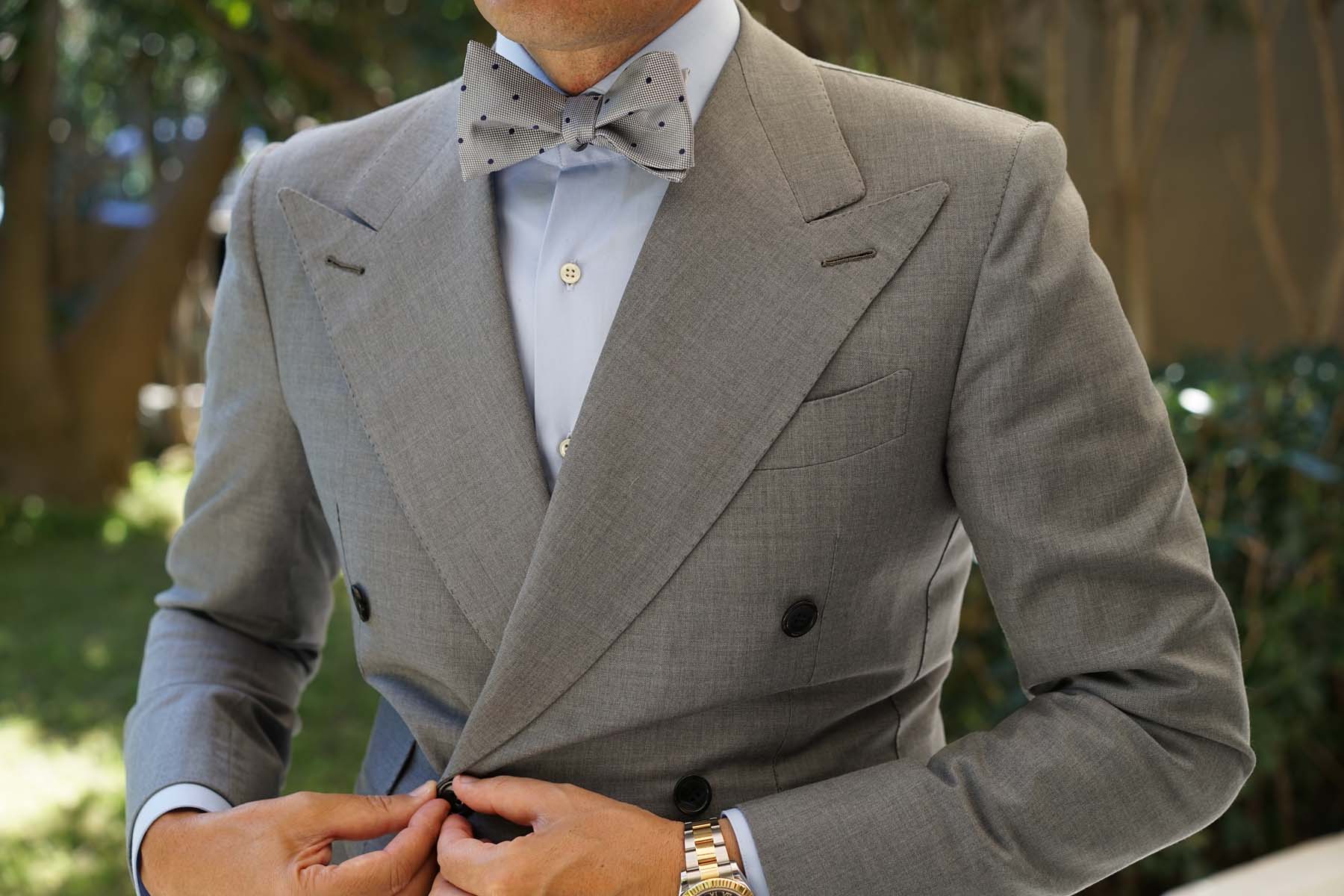 Natbeck Polka Dot Untied Bow Tie Grey with Navy Blue Dots