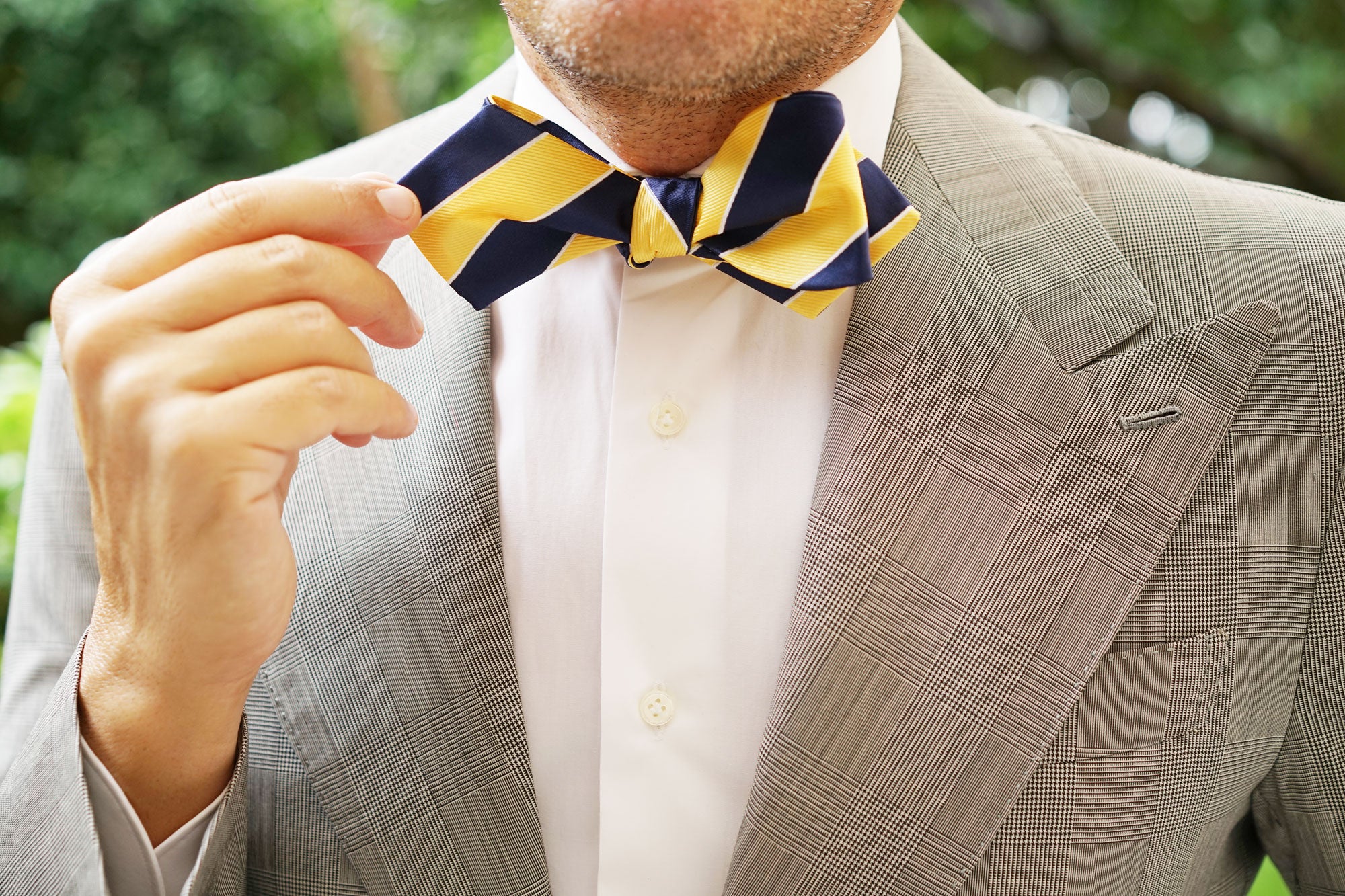 Natbeck Diamond Tip Self Tie Bow Tie Yellow Navy Blue Striped suitable for business meetings