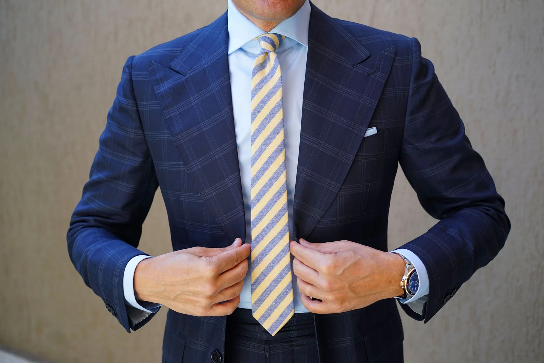 Natbeck Yellow and Blue Bengal Linen Skinny Tie Trendy Cotton-Linen Necktie with Striped Pattern for Casual or Dress