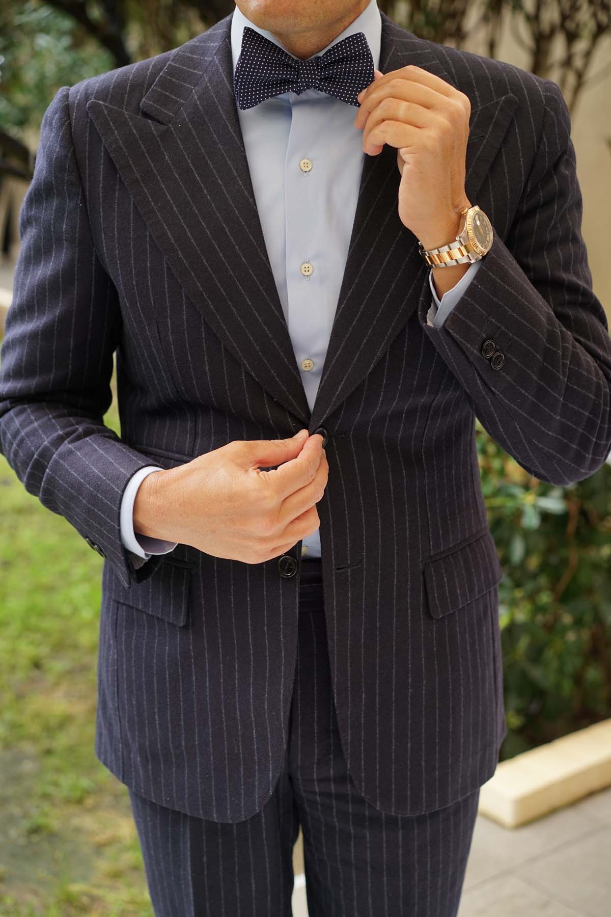 Navy Blue Polka Dot Bow Tie with White – Elegant Style