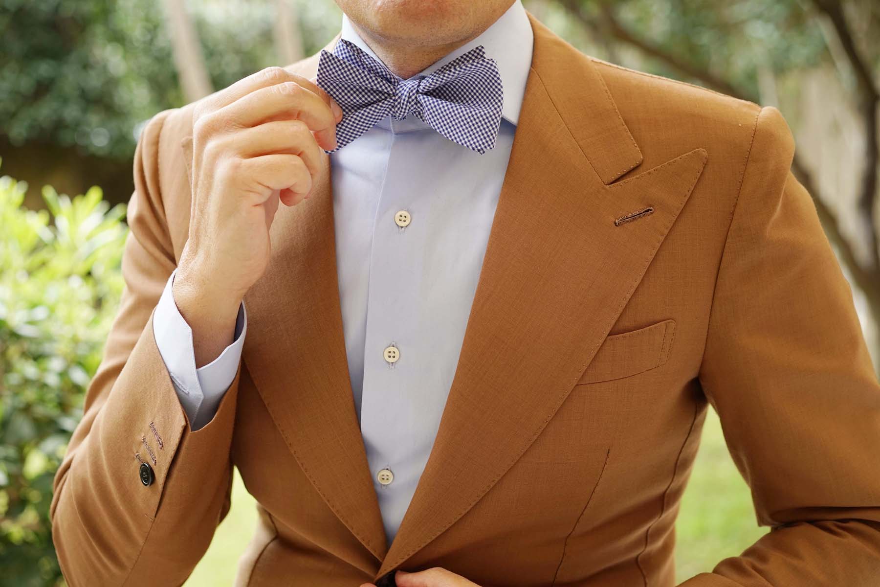 Natbeck Blue Gingham Cotton Self Tie Bow Tie Classic Cotton Bow Tie with Gingham Design for Casual or Dress