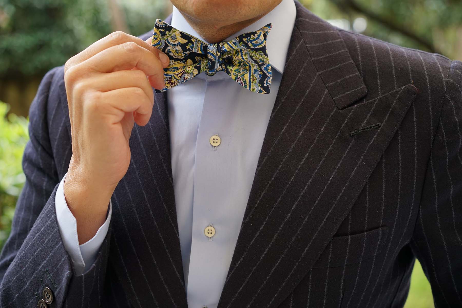 Natbeck Yellow on Blue Paisley Self Bow Tie Stylish Cotton Self Tie Bow Tie with Paisley Pattern