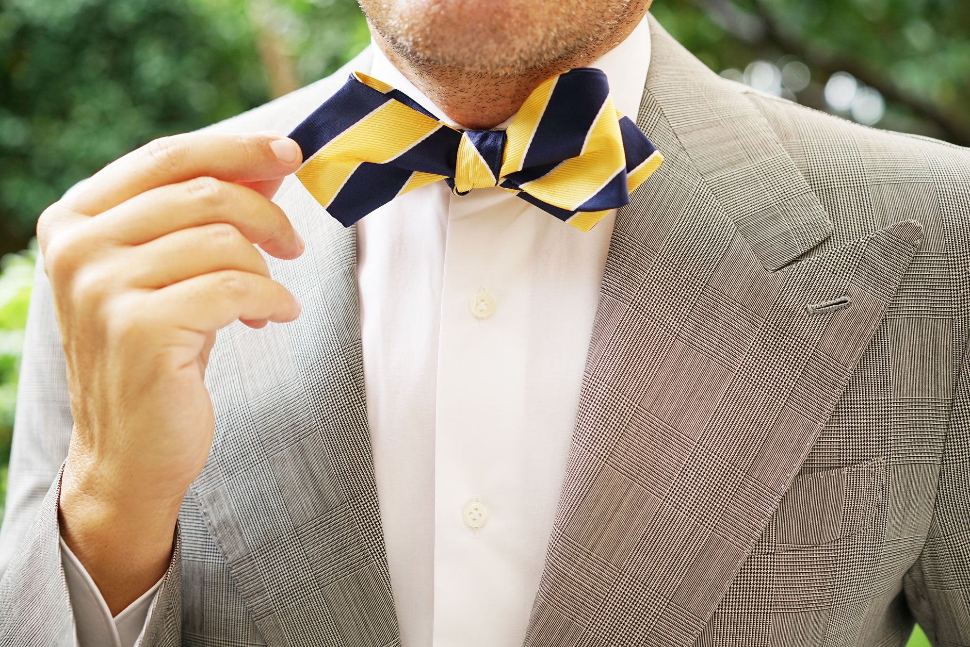 Natbeck Diamond Tip Self Tie Bow Tie Yellow Navy Blue Striped suitable for business meetings