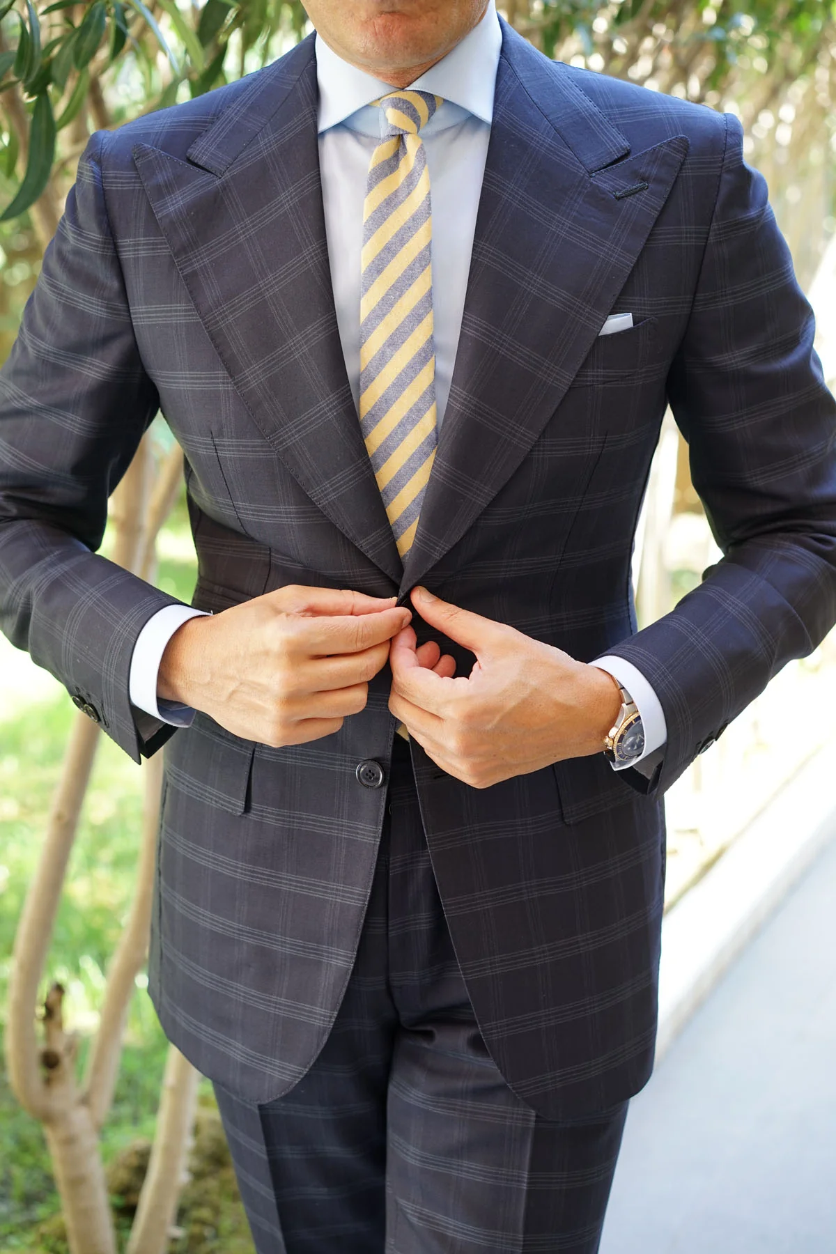 Natbeck Yellow and Blue Bengal Linen Skinny Tie Trendy Cotton-Linen Necktie with Striped Pattern for Casual or Dress